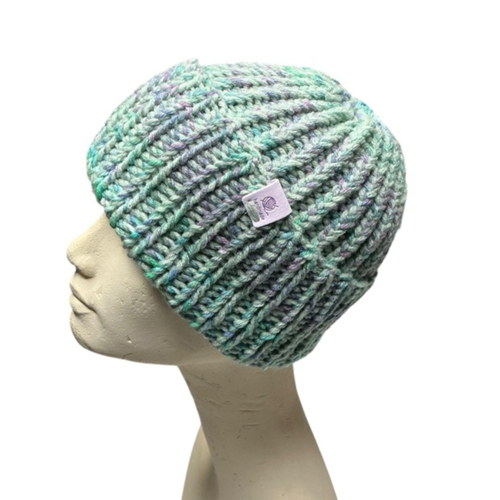 Handmade Chunky Knit Beanie Multicolor Sage Green Winter Fall Handcrafted Hat